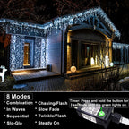 Icicle lights Outdoor - 33ft Christmas Lights with 400LED 75 Drops 8 Modes, Plug in Curtain String Lights Waterproof for Holiday Wedding Party Home Garden Bedroom Indoor Outdoor Decoration, Cool White
