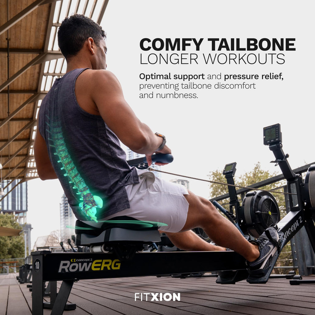 FitXion Rowing Machine Seat Cushion – Ergonomic Tail Bone Comfort Memory Foam Pad for Concept 2, Water Rower, Peloton or Recumbent Bike. Anti-Slip Base, Buckled Straps for Indoor Rowing Workouts