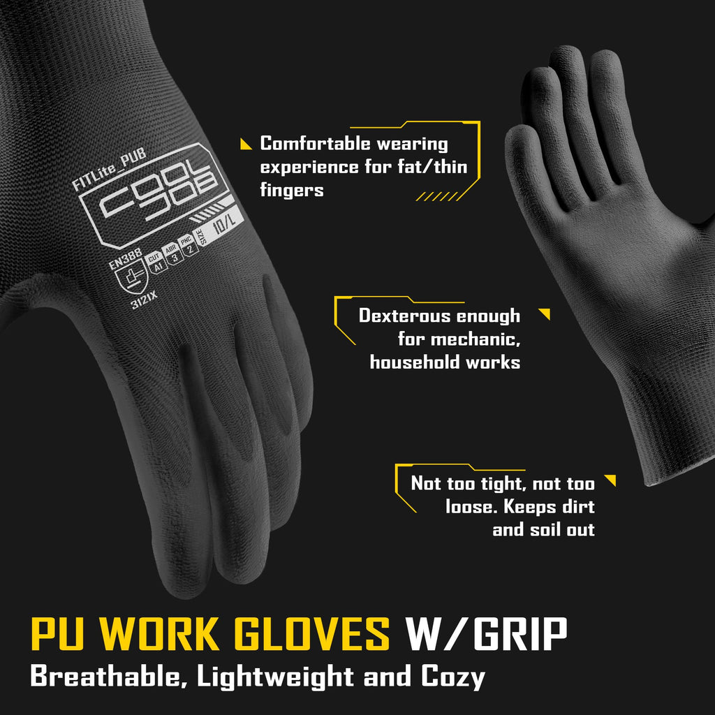 COOLJOB 12/60 Pairs Safety Work Gloves Pack Bulk with Grip PU Coating, 13 Gauge Seamless Knit Gloves with Polyurethane Dipped for Warehouse Working, Breathable Lightweight for Men Women, Black Large