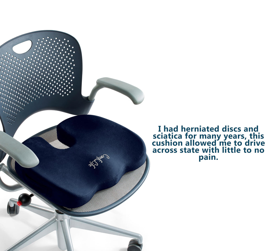 ComfiLife Premium Comfort Seat Cushion - Non-Slip Orthopedic 100% Memory Foam Coccyx Cushion for Tailbone Pain - Cushion for Office Chair Car Seat - Back Pain & Sciatica Relief (Navy)