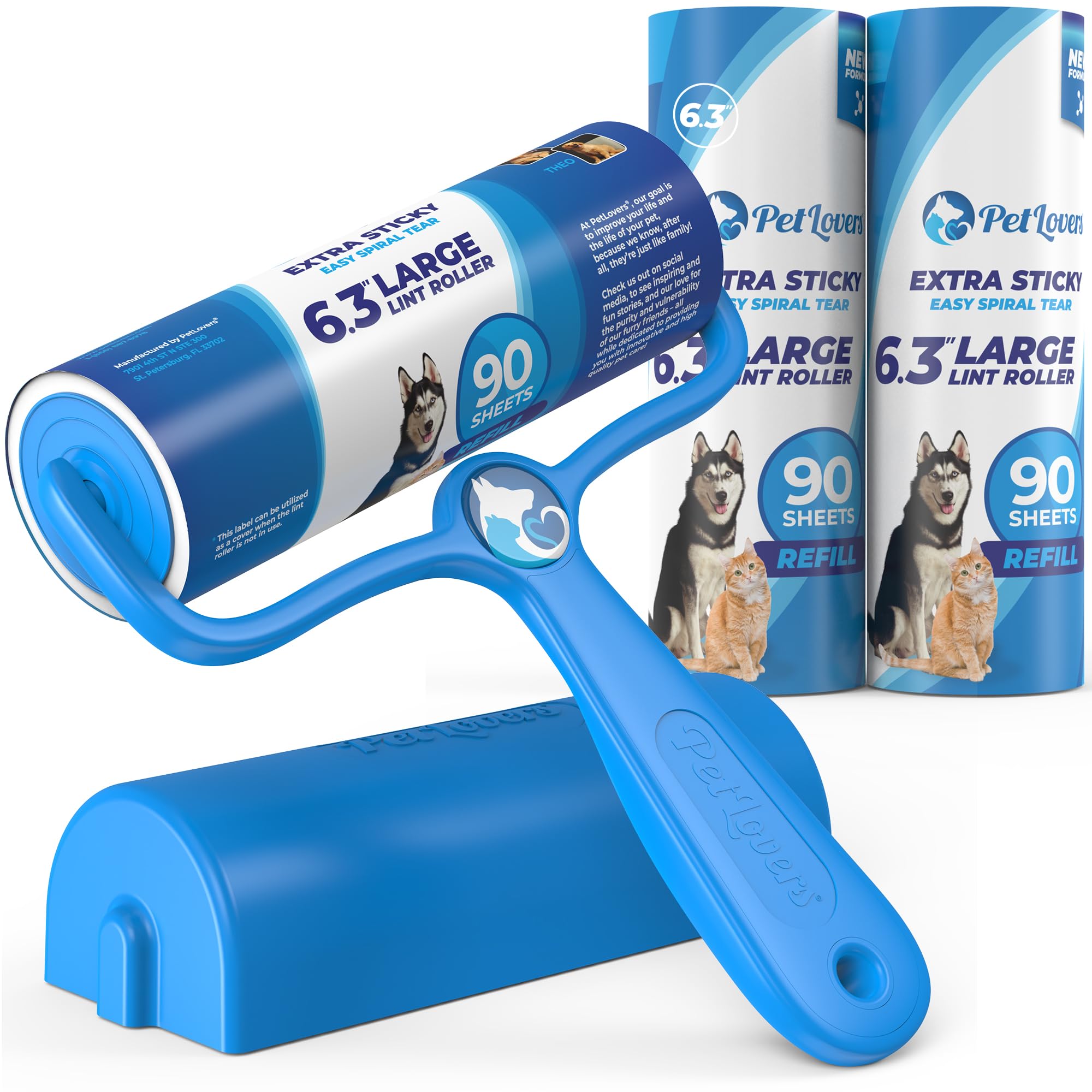 PetLovers 6.3" Large Lint Roller for Pet Hair Extra Sticky 270 Sheets, Ideal for Pet Hair Removal from Furniture & Clothes, Dog and Cat Lint Remover 3 Pack