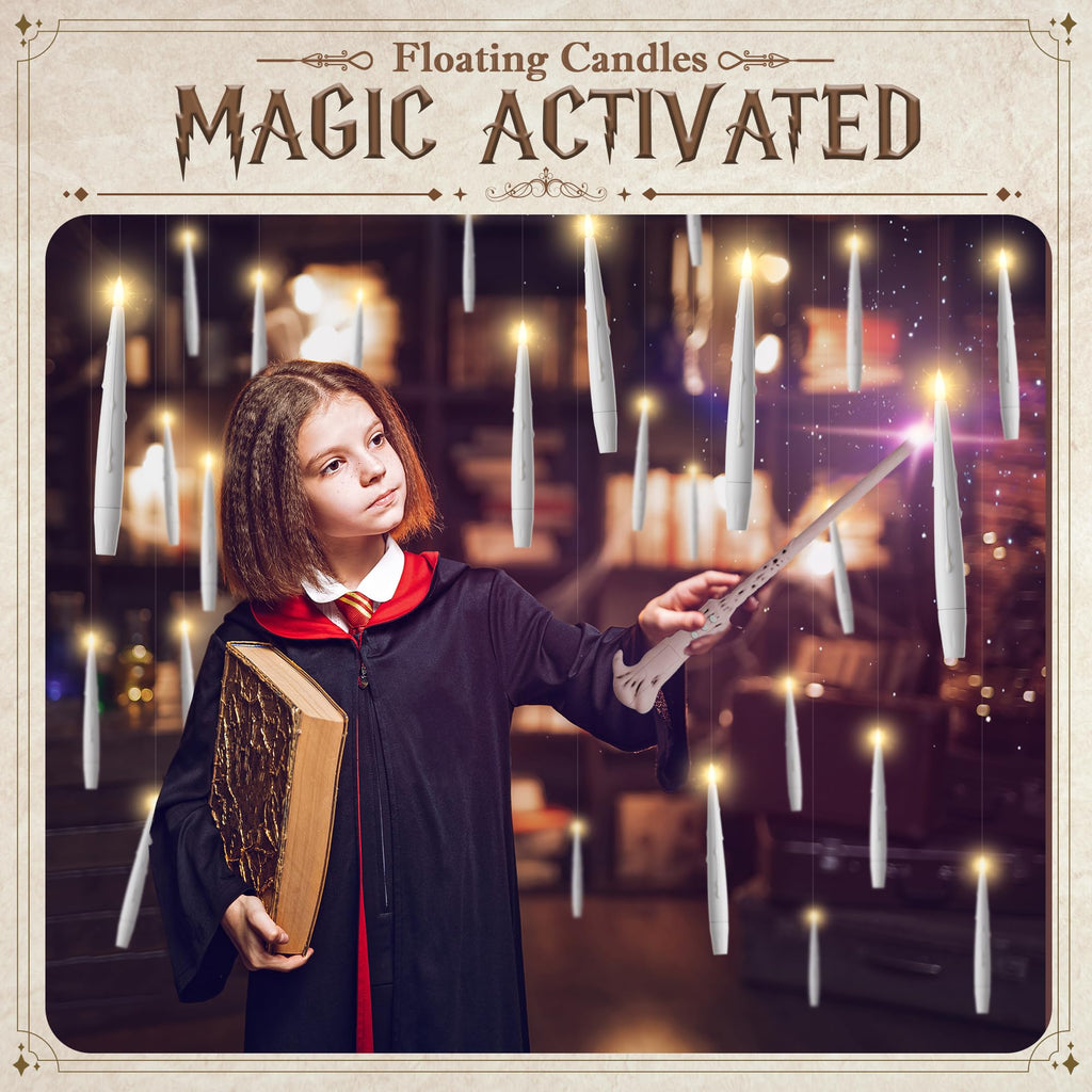 JOIONE Floating Candles with Wand, 20 Pack Halloween Flameless Candles Magic Hanging Taper Candles with 2 Wand Remotes, Battery Operated Candles for Halloween Christmas Birthday Party Decor White