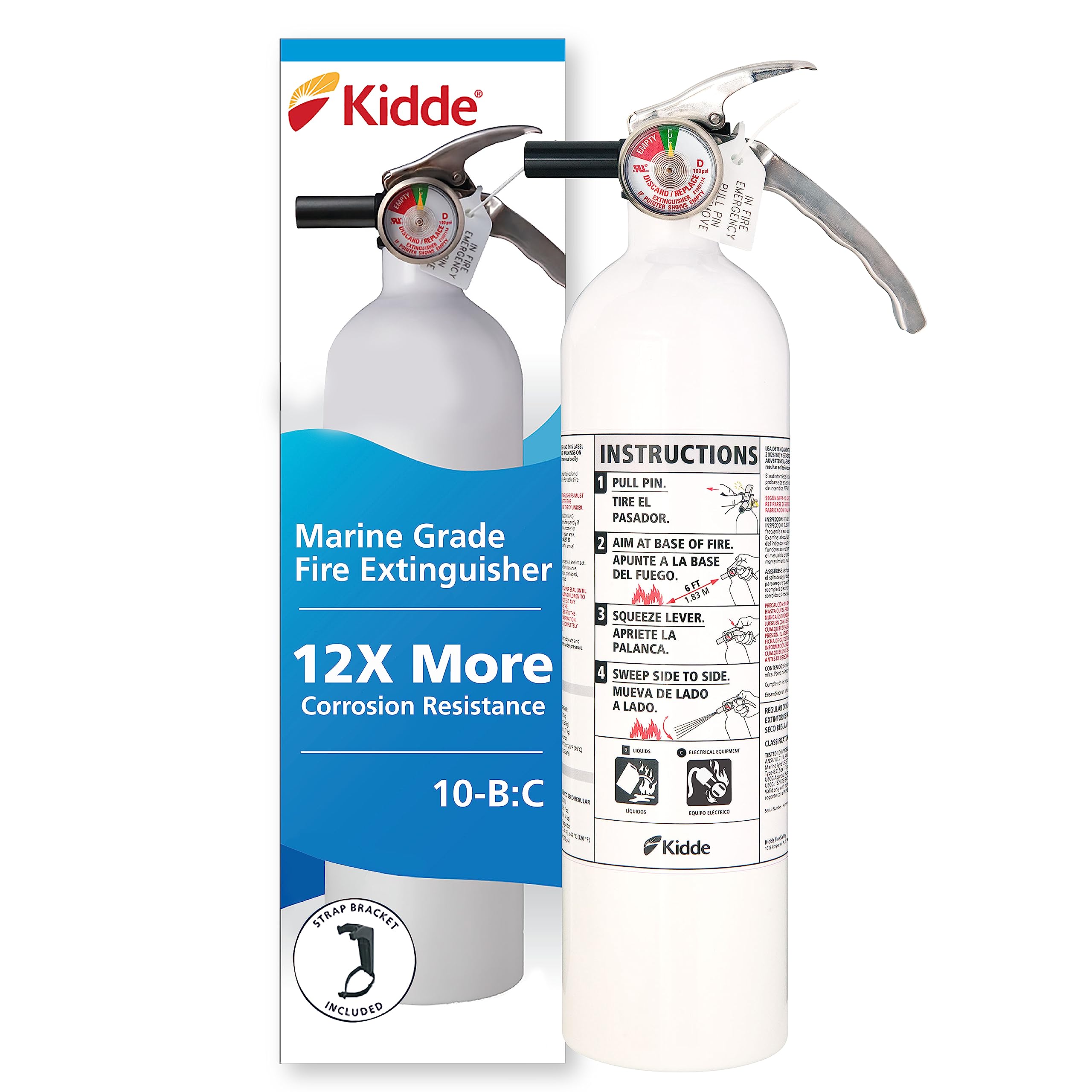 Kidde Mariner 10 Marine Fire Extinguisher for Boats & Watercrafts, 10-B:C, 4 Lbs., Coast Guard Approved, Strap Bracket (Included), White