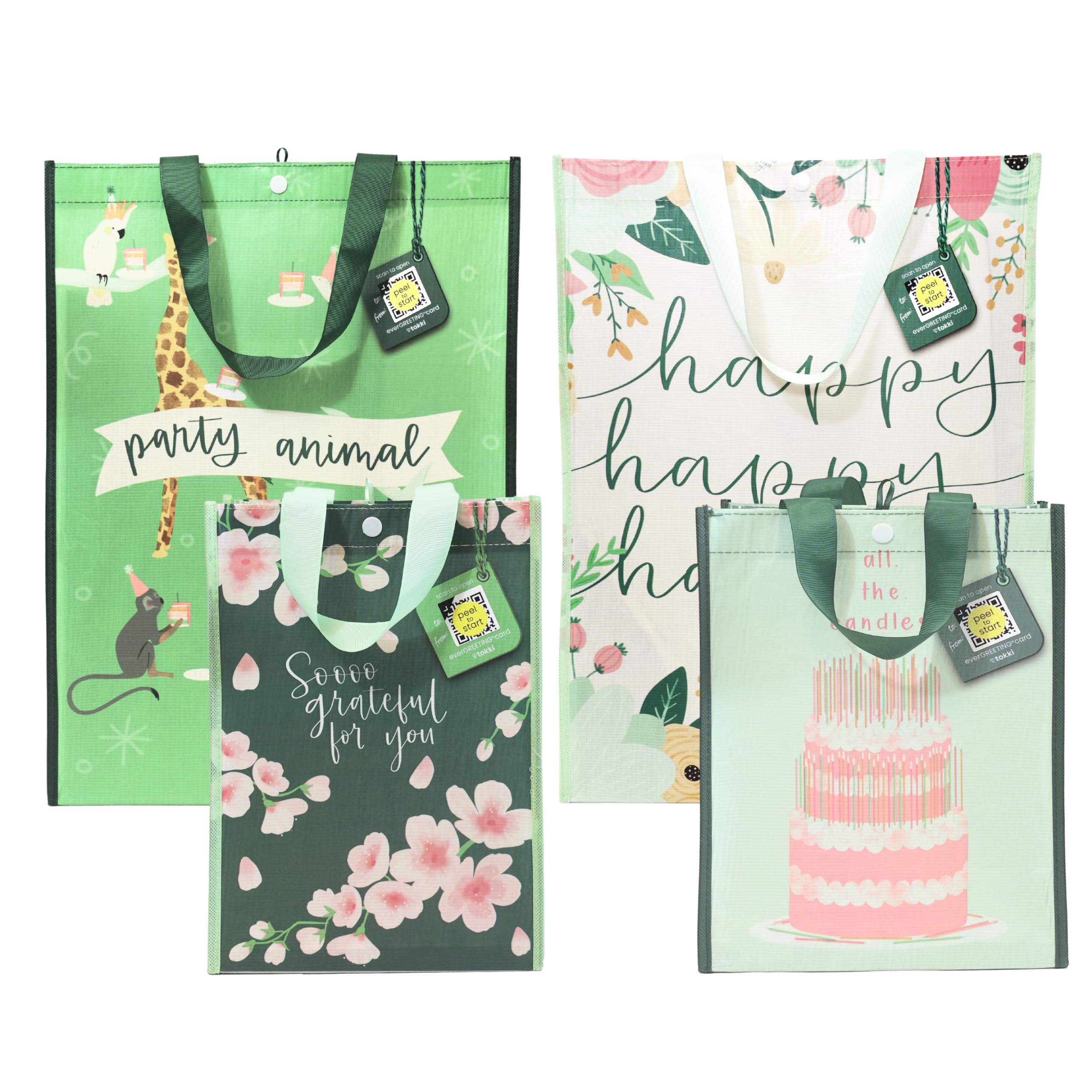 Tokki Set of 4 Reusable Gift Bags with Handles and Built-In QR Greeting Cards | 2 Medium, 2 Extra Large Gift Bags | Add Personalized Photos, Videos & GIFs for Birthdays, Thank You Gifts, Baby Showers, Bridal Showers & Other Occasions