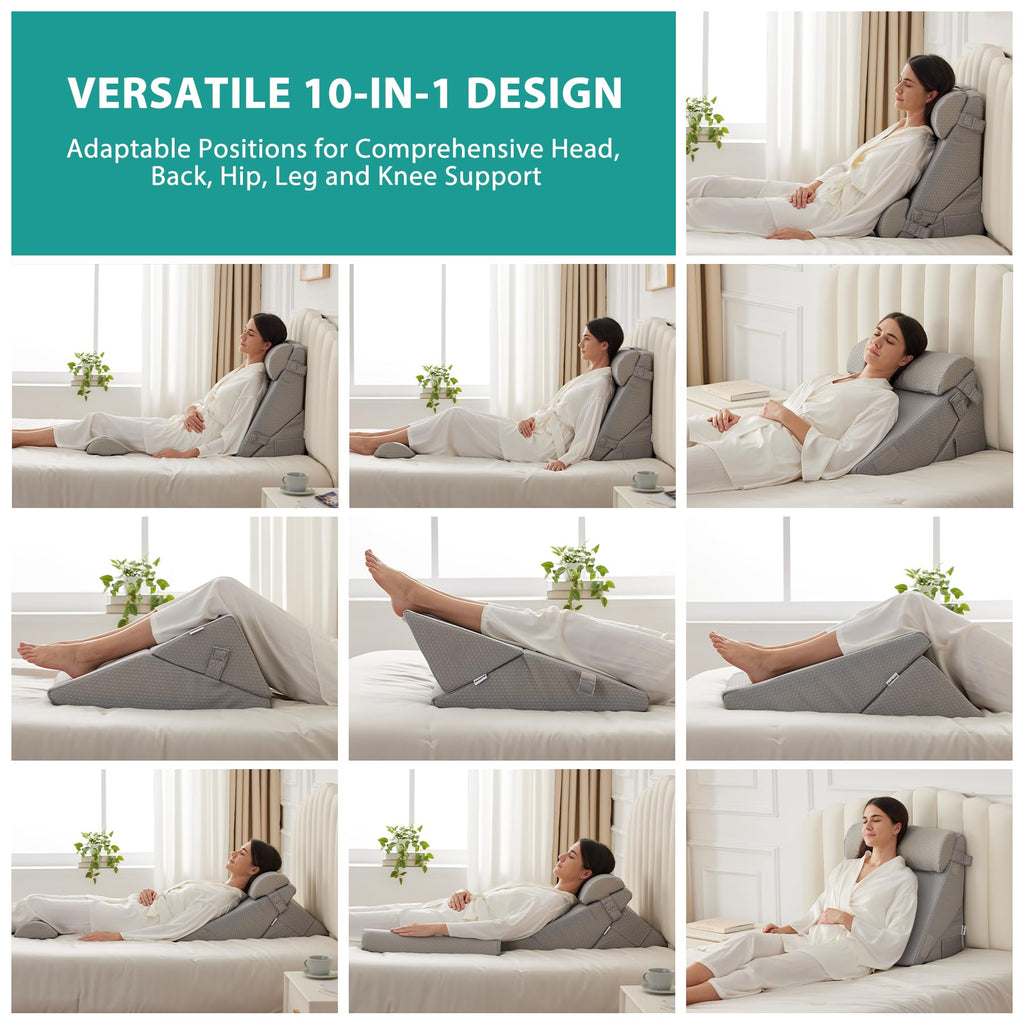 Bedluxe Adjustable 4pcs Bed Wedge Pillow Set, Memory Foam Wedge Pillow Post Surgery for Back, Neck, Leg Pain Relief, Pillow Wedge for Sleeping, Sitting up in Bed, Acid Reflux and GERD, Grey
