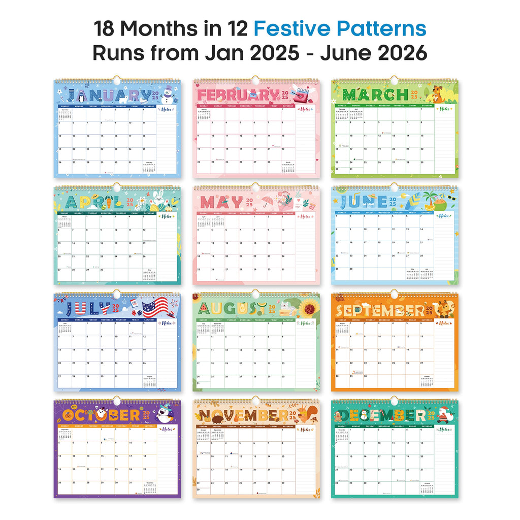 2025 Wall Calendar, 18 Monthly Wall Calendar from January 2025 - June 2026, 11.5" x 14.7", Twin-Wire Binding, Large Hanging Calendar with Thick Paper for Home & Office, Seasonal