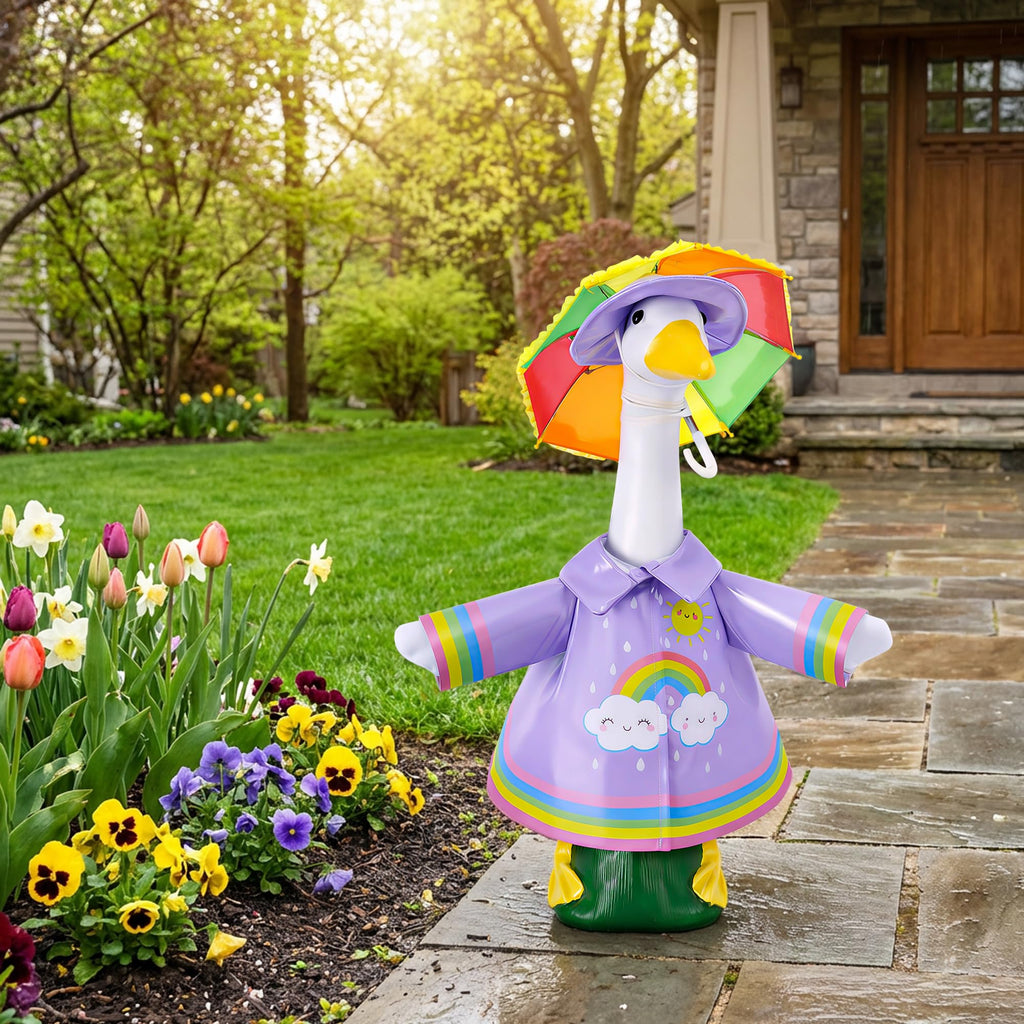 DECOHS 3 Pcs/Set Raincoat Porch Goose Outfits, Summer Lawn Goose Statue Raincoat Costume, Yard Goose Clothes Raincoats Umbrella Hat Outfit for 23" Statue Patio Garden Decoration (Purple Rainbow)