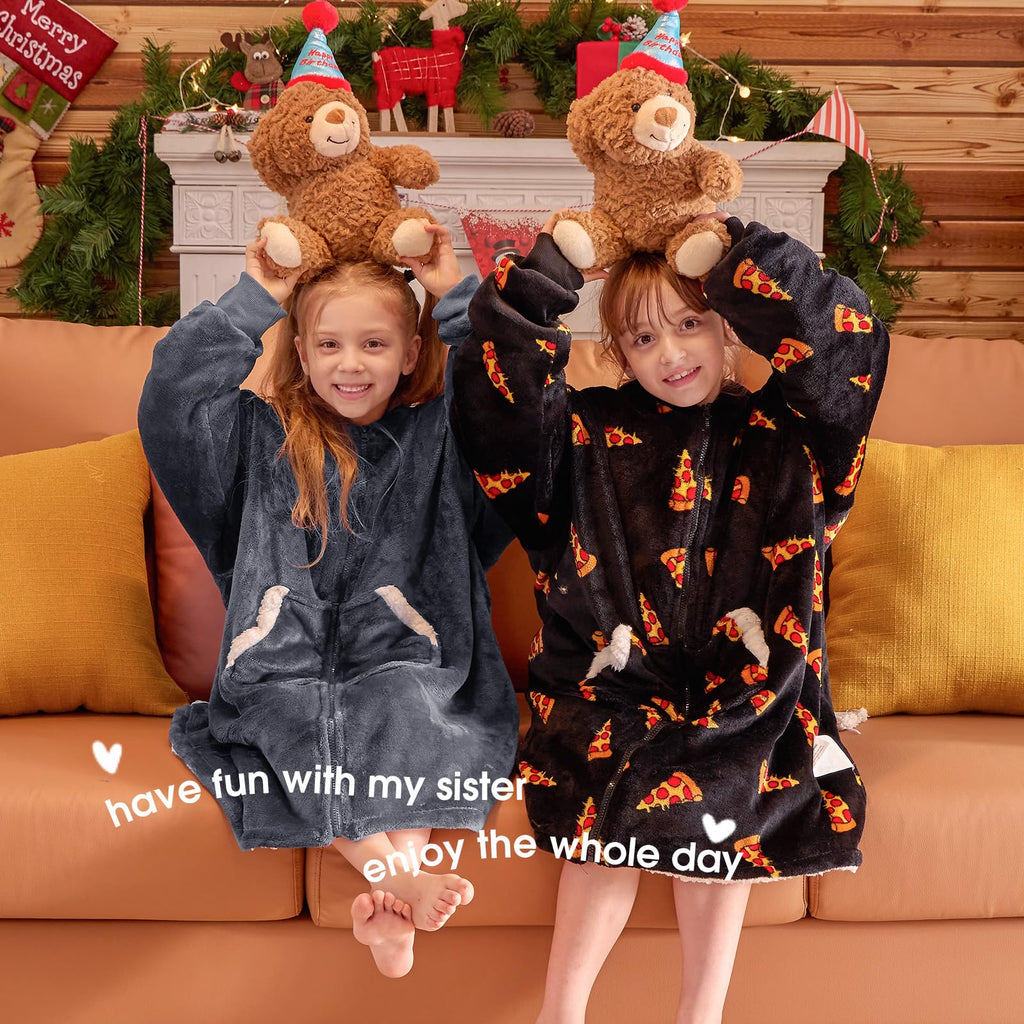 JOYWOO Kids Wearable Blanket Hoodie, Pizza Oversized Sherpa Hooded Blanket Birthday Christmas Gifts for Girl Boy, Cozy Sweatshirt Blanket with Giant Pocket and Zipper