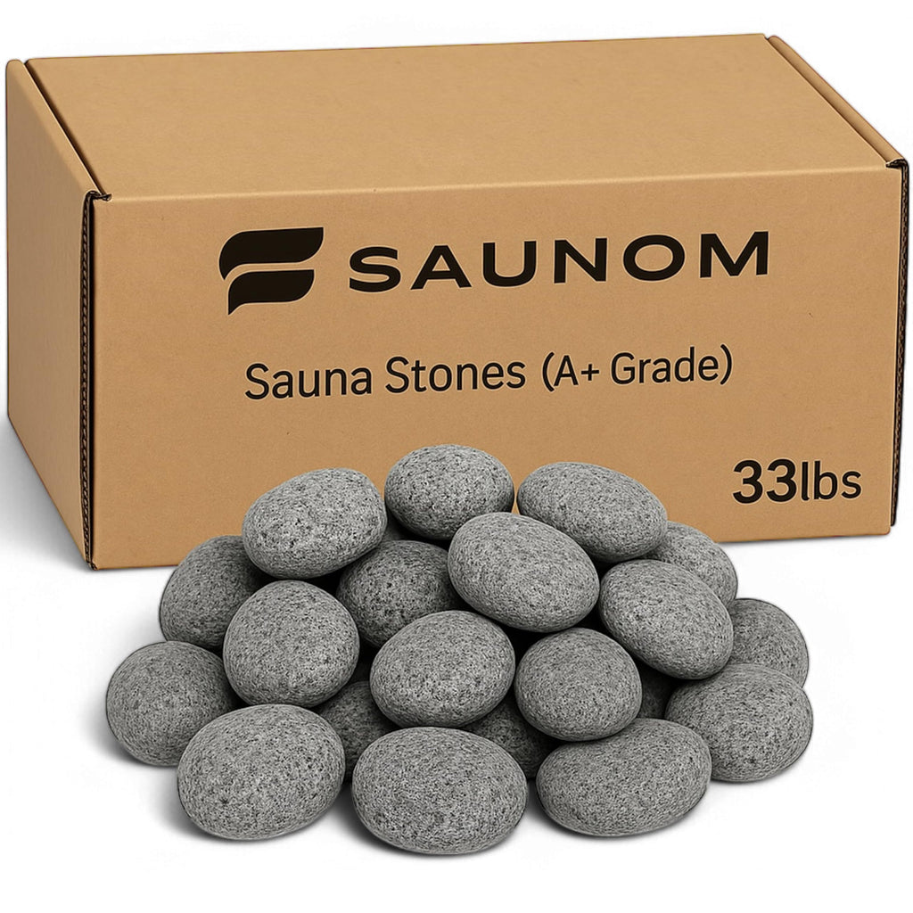 SAUNOM Premium Sauna Rocks for Electric and Wood Burning Sauna Heaters — 33lbs A+ Grade Natural Vulcanite — Crack Resistant & Superior Heat Retention Sauna Stones — Fast Heating & Long Lasting Steam