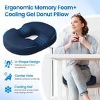 CushZone Donut Pillow Seat Cushion - Memory Foam Cooling Gel Lifting Cushion for Office & Home Chair, Car Seat, Wheelchair, Hemorrhoids Pillow, Sciatica & Tailbone Pain Relief Chair Cushion, Blue