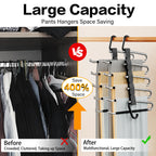 Pants Hangers Space Saving - 2 Pack Closet Organizer and Storage Jean Hangers, Stainless Steel Anti-Slip Clothes Hanger Scarf Holder for Pants Jeans Leggings Trousers Pant Rack, Black