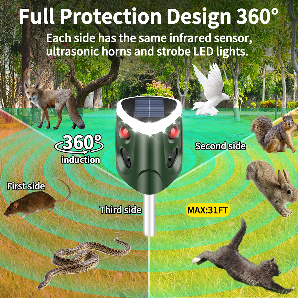 Solar Ultrasonic Animal Repeller, Outdoor 360° Animal Deterrent Solar Dog Chaser, Ultrasonic Solar Powered Animal Repeller Waterproof Animal Repeller Protect Farm for Dog, Cat, Bird, Rabbit, Raccoon