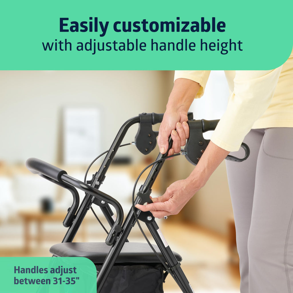 Medline Standard Steel Folding Rollator Walker with 8" Wheels, Black