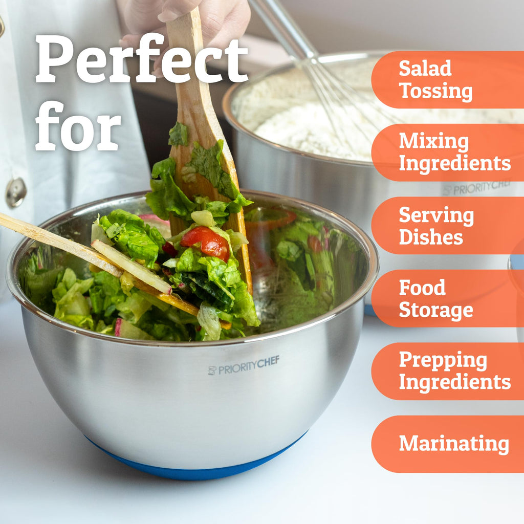 Priority Chef Premium Mixing Bowls With Airtight Lids Set, Thicker Stainless Steel Mixing Bowl Set, Large Prep Metal Bowls with Lids, Nesting Bowls for Kitchen, 1.5/2/3/4/5 Qrt, Blue