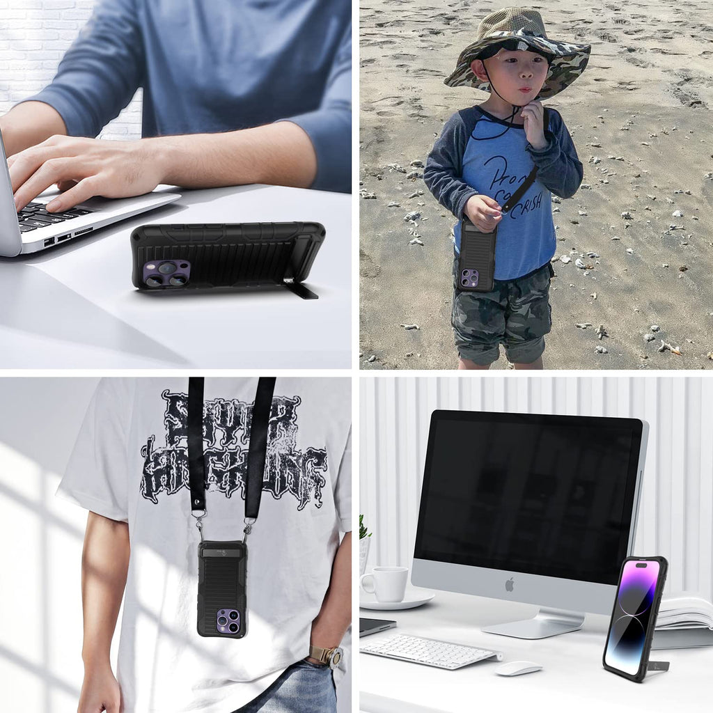 E-Tree Compatible with iPhone 14 Pro Max Case, with Crossbody Strap and Stand, Protection Shockproof Hard Phone Case Black, Perfect for Go Outside and Kid Elderly, 6.7 inch