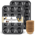 HONGBAKE Muffin Pan with 500 Cupcake Liners, Nonstick Cup Cake Tin for Baking,Premium 12 Cup Cheesecake Trays - Dark Grey