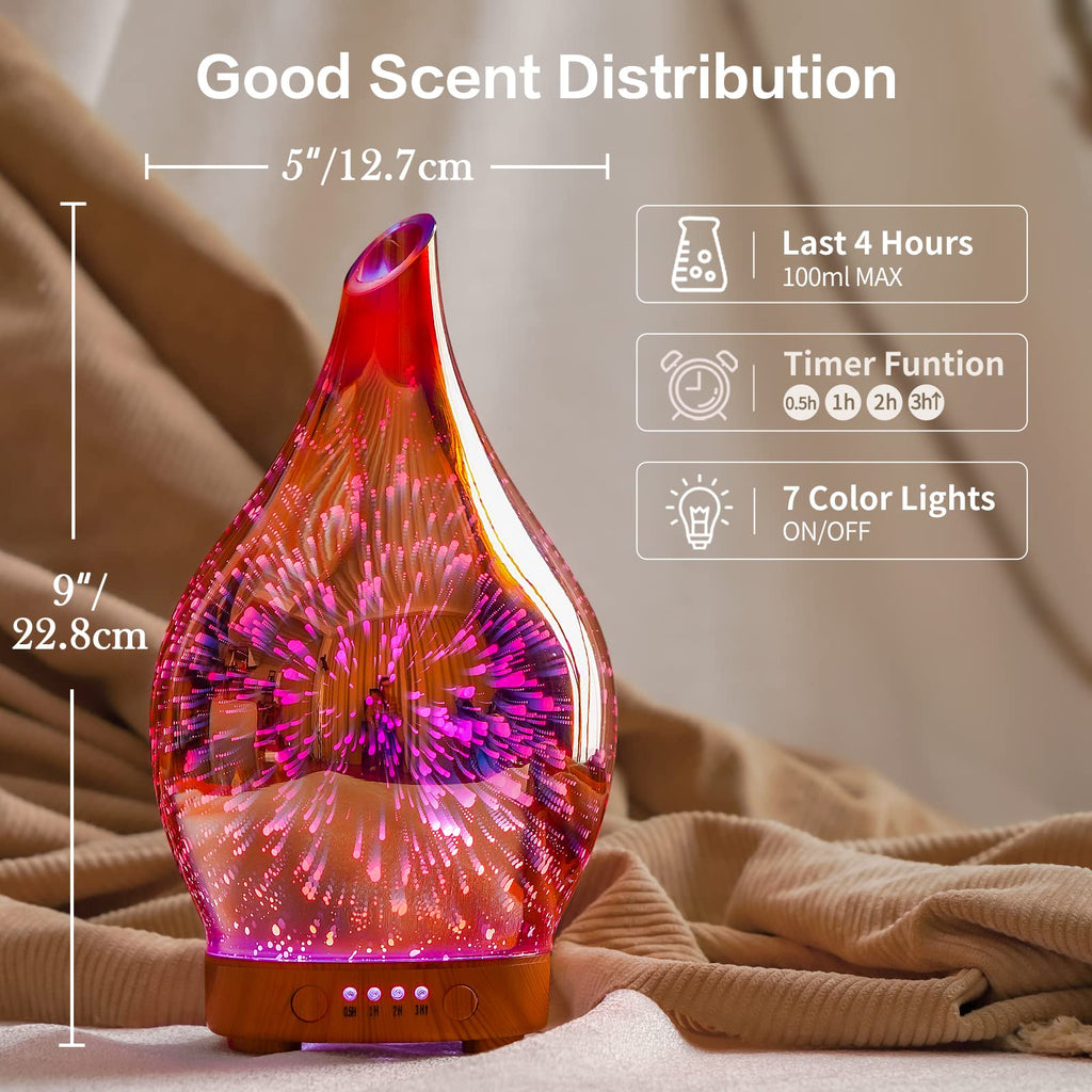 Porseme Essential Oil Diffuser 3D Firework Glass Aromatherapy Ultrasonic Humidifier Rose Gold, Auto Shut-Off, Timer Setting, BPA Free, Aroma Decoration for Home, Office, Gym, Spa, Premium Gift 100ml