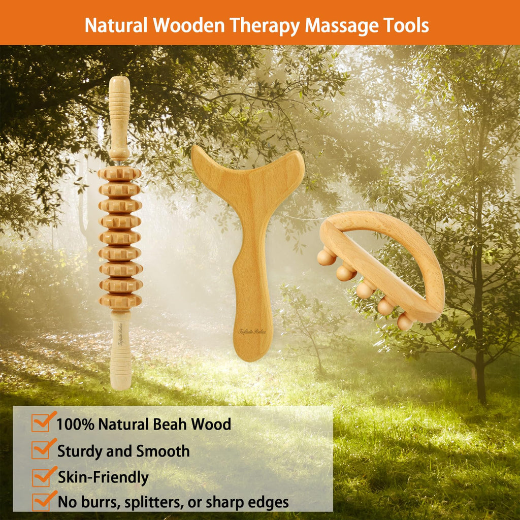 InfiniteRelax 3-in-1 Wood Therapy Massage Tools for Body Shaping Professional, Wooden Lymphatic Drainage Massager, Maderoterapia Kit Colombiana Cellulite Massager