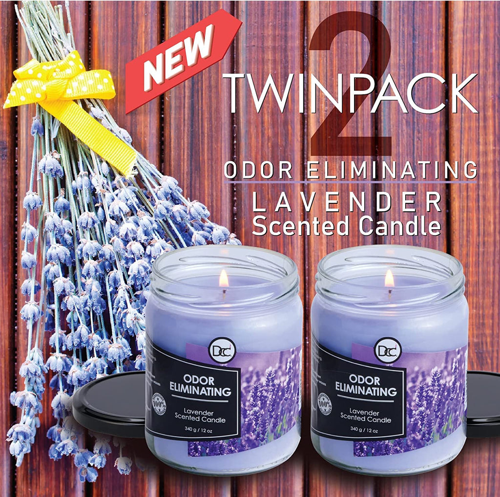 Lavender 2 Pack Odor Eliminating Highly Fragranced Candle - Eliminates 95% of Pet, Smoke, Food, and Other Smells Quickly - Up to 80 Hour Burn time - 12 Ounce Premium Soy Blend