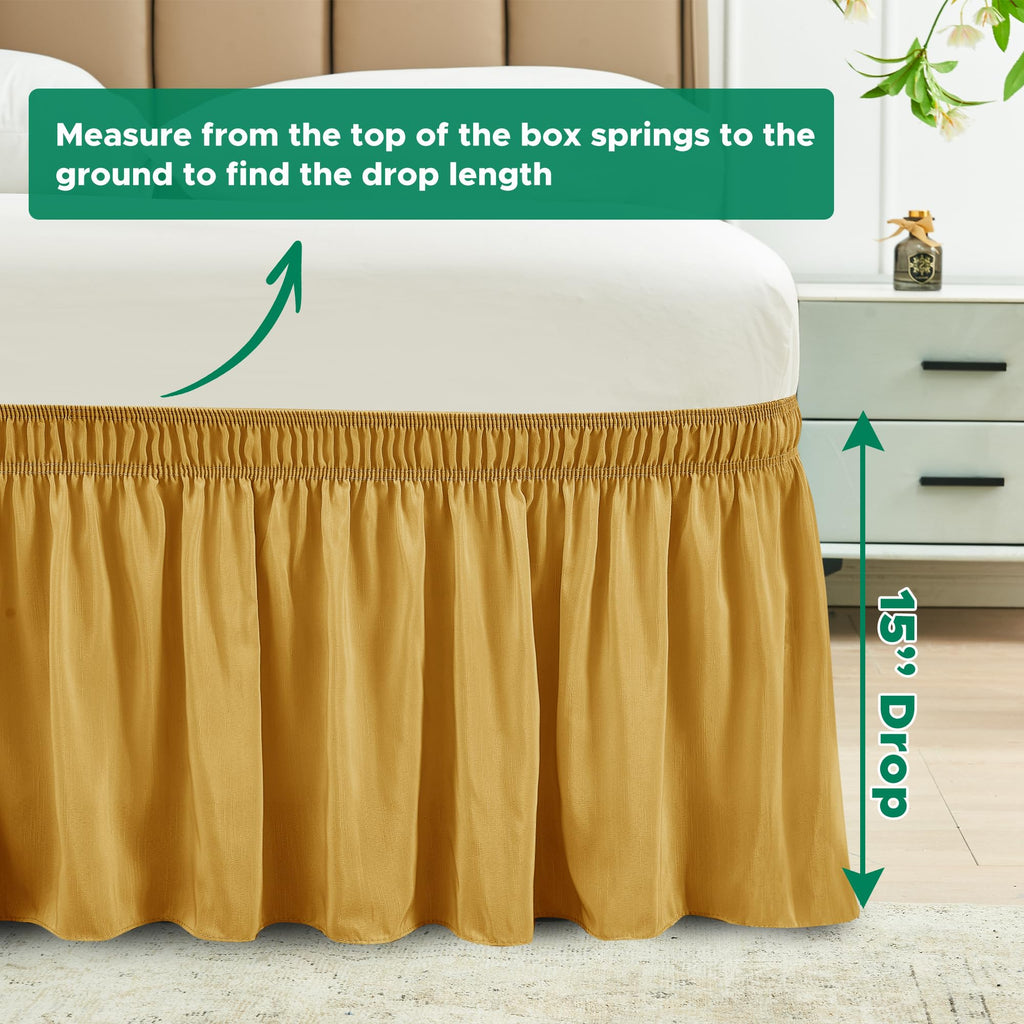 Biscaynebay Wrap Around Bed Skirts for Queen Beds15 Drop, Christmas Gold Adjustable Elastic Dust Ruffles Easy Fit Wrinkle & Fade Resistant Silky Luxurious Fabric Machine Washable