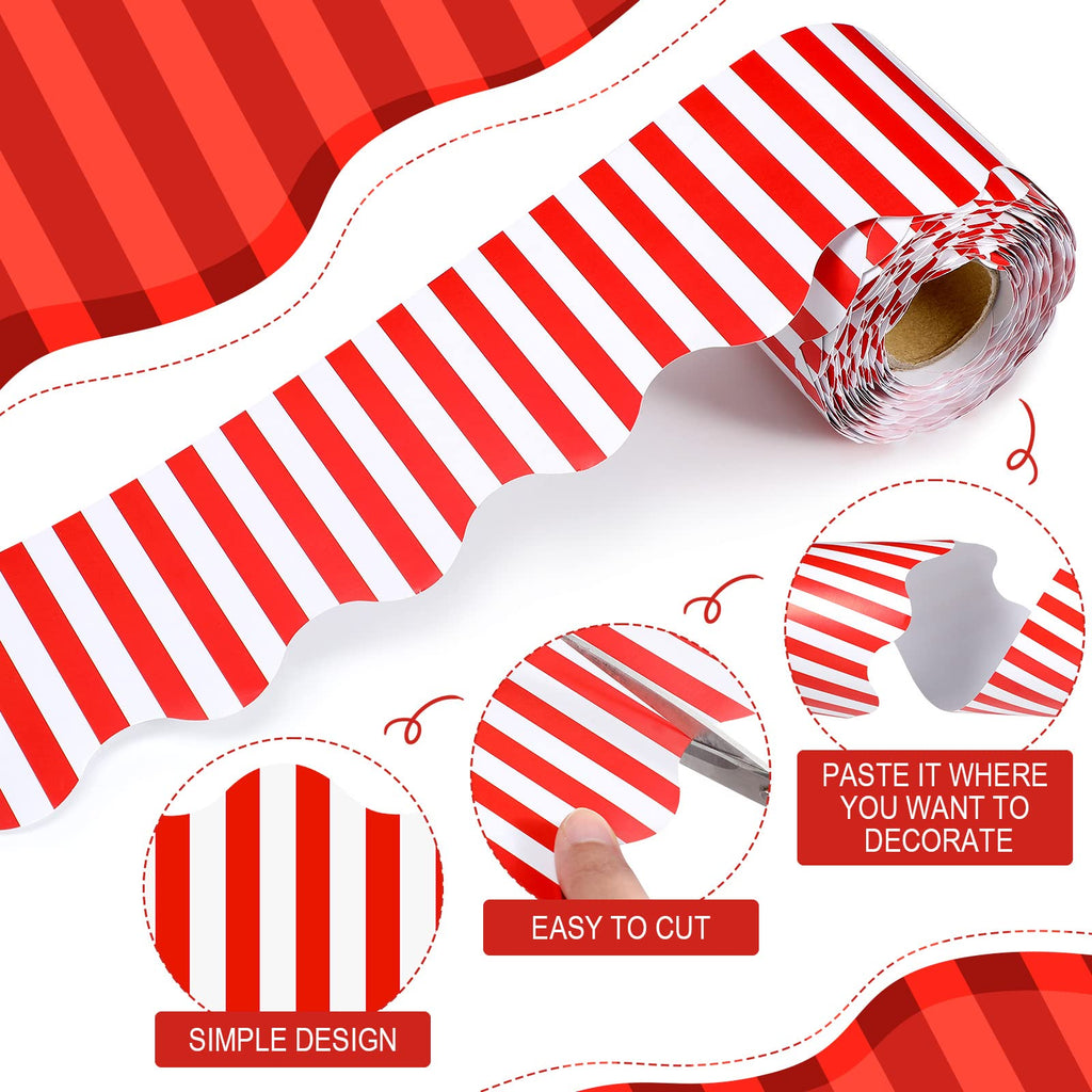 65 Feet Scalloped Bulletin Board Border Self Stick Classroom Striped Borders Wavy Line Border for Bulletin Cork Board Desk Classroom Christmas Party Supplies Decor(Red and White Stripes)