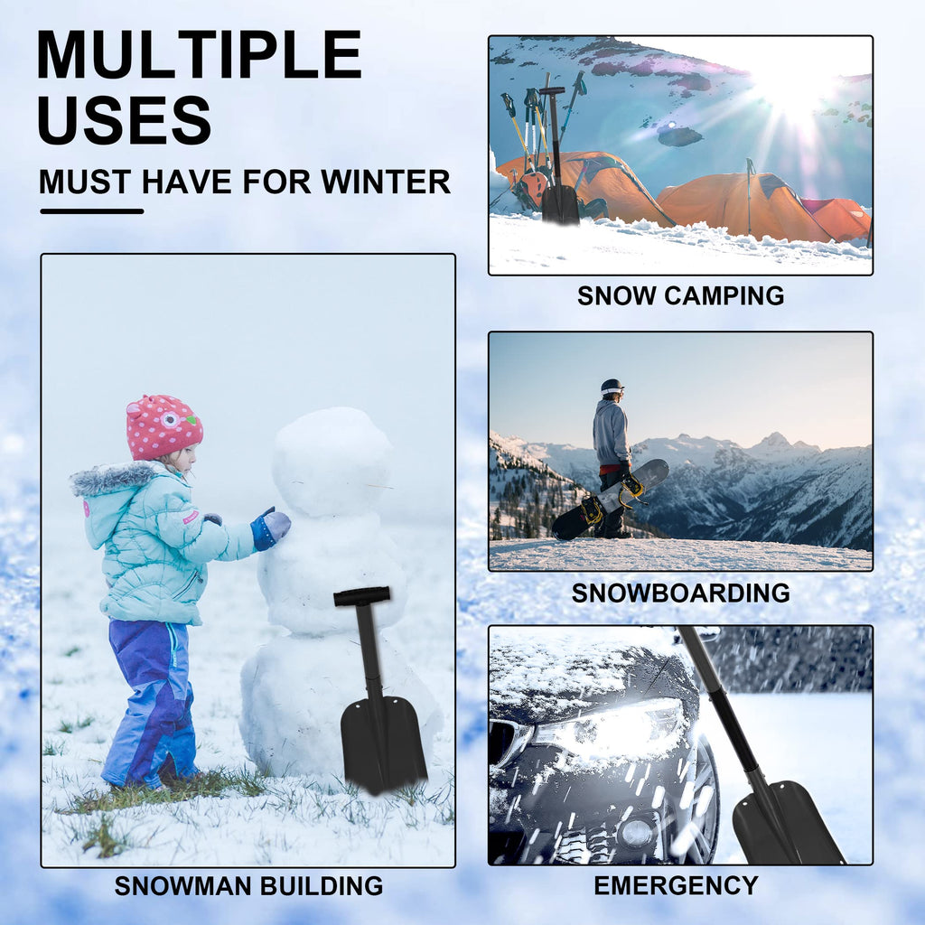 CARTMAN 32.5 Inch Folding Emergency Snow Shovel 3 Piece Aluminum Lightweight Portable Sport Utility Shovel for Car Trunk Camping Garden Beach with Ice Scraper Carrying Bag, Black