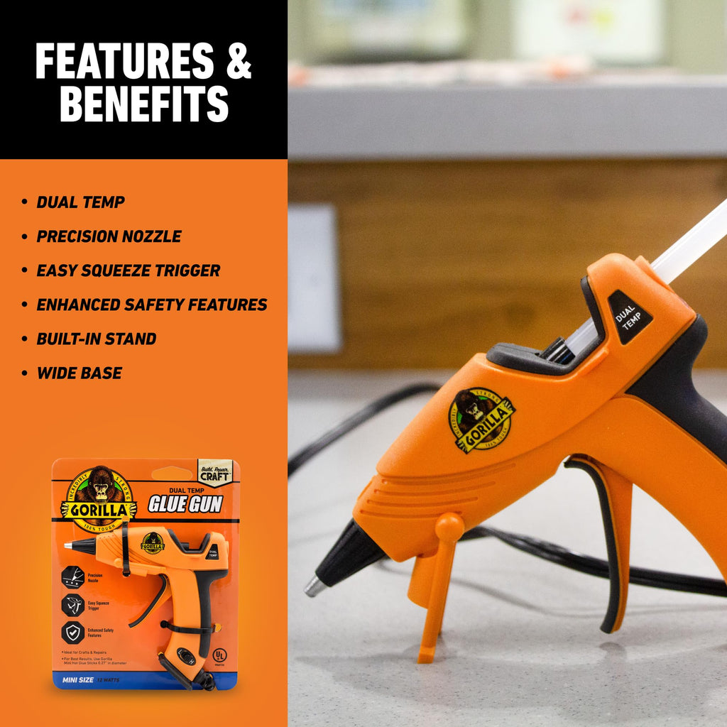 Gorilla Dual Temp Mini Hot Glue Gun Kit with 30 Hot Glue Sticks, Precision Nozzle, and Easy Squeeze Trigger, for DIY, Craft, Repairs, and More, Orange (Combo Pack:1 Mini Gun, 30 Glue Sticks)