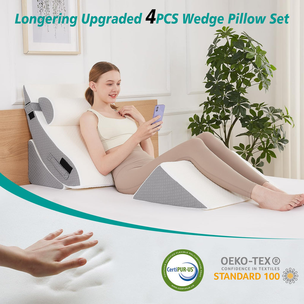 Longering 4PCS Orthopedic Bed Wedge Pillow Set for Post Surgery - Adjustable Wedge Pillow for Neck Back and Leg Pain Relief - Triangle Pillow Wedge for Acid Reflux & Sleeping & GERD (White Grey)