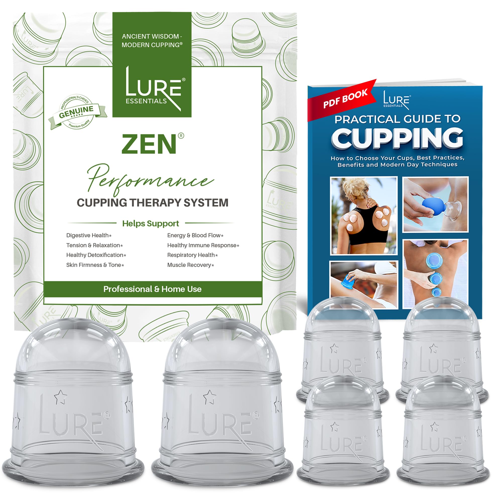 LURE Essentials Zen Cupping Therapy Set Cupping Kit for Massage Therapy - Silicone Cups - Massage Cups Cupping for Cellulite – Lymphatic Drainage Massage - Fascia (6 Cups Clear)