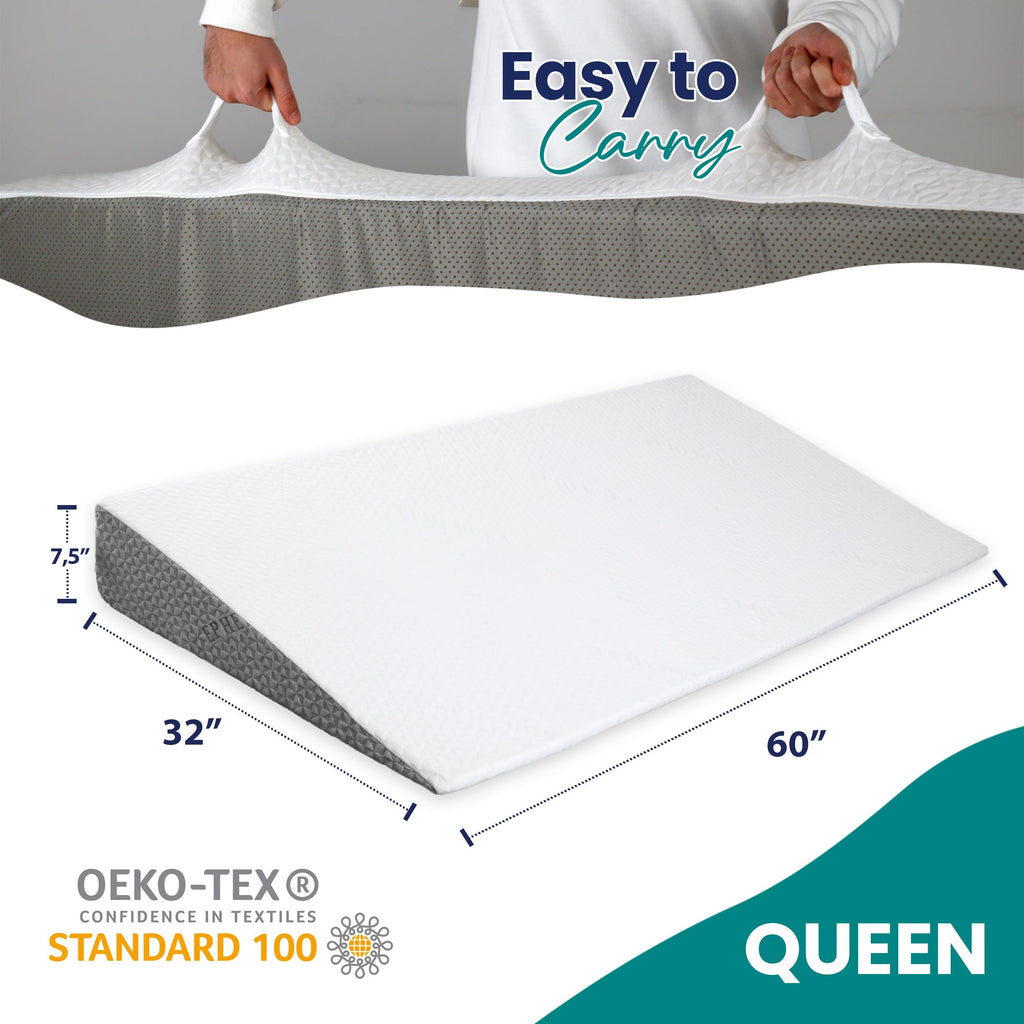 Under Mattress Wedge for Acid Reflux, Queen Size Bed Wedge, Under Support & Mattress Riser, Memory Foam Top 7.5-Inch Head Riser Incline Topper, Non-Slip Bottom & Side Storage Pockets