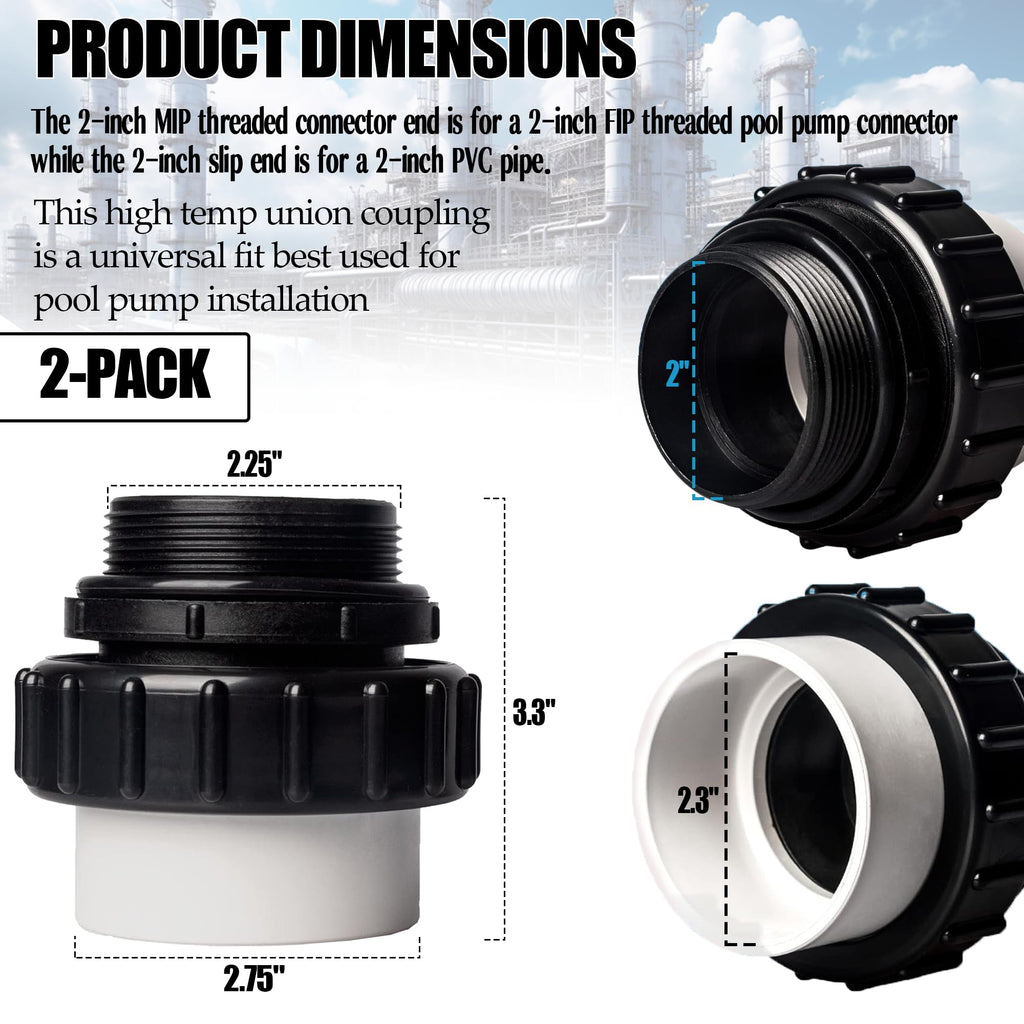 TonGass (2-Pack) 2" MIP x 2.37" PVC Hi-Temp Unions Compatible with Pentair Whisperflo & Intelliflo Pool Pumps Hand-Tightened Pool Pump High Temp Unions Replacement for Schedule 40 Male Adapters