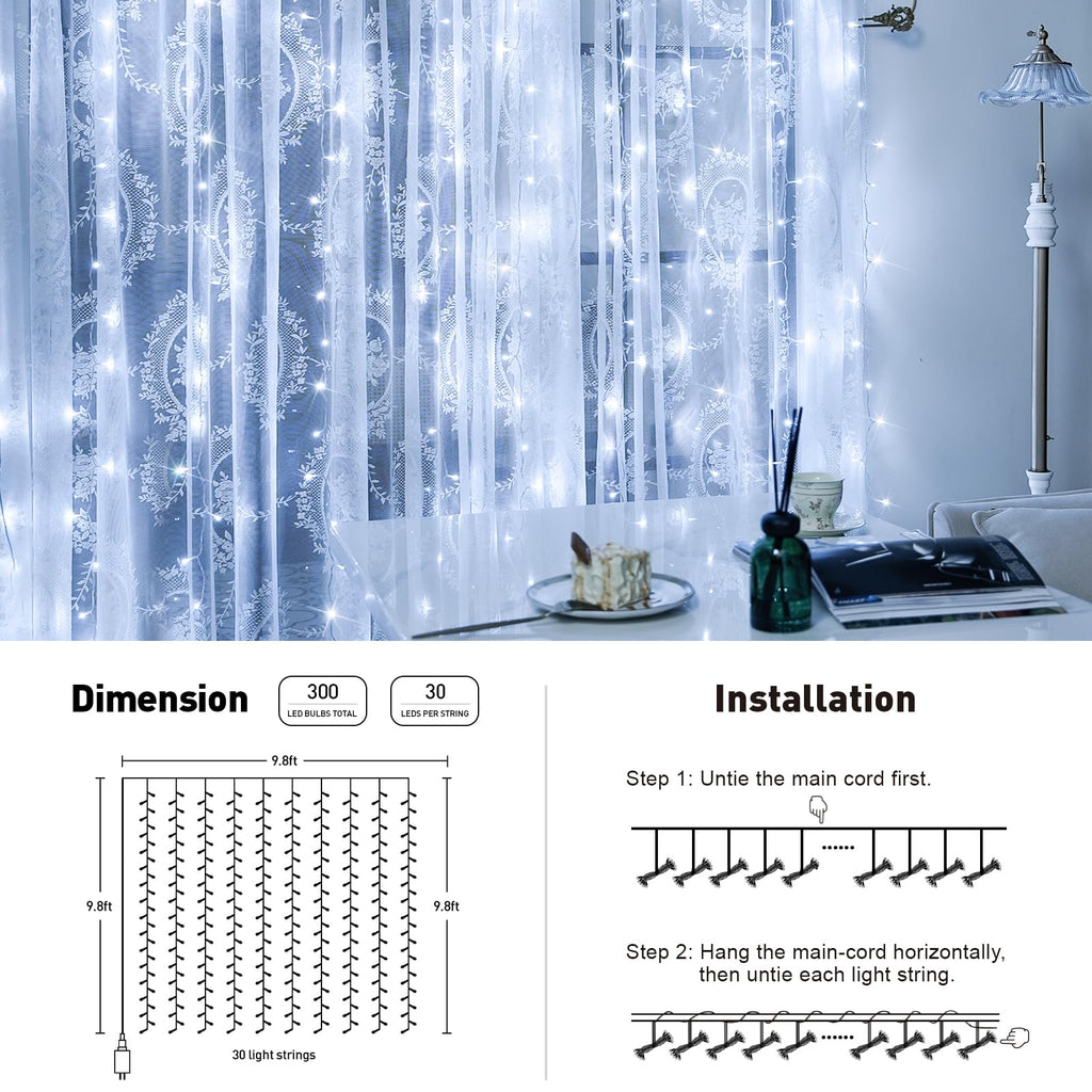 JMEXSUSS 300 LED 9.8x9.8Ft White Curtain Lights with Remote, White Christmas Lights Indoor Plug in, 8 Modes White String Lights for Bedroom Wall Wedding Reception Party Backdrop Window Decorations