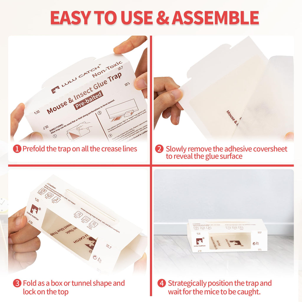 LULUCATCH Sticky Mouse Traps, 72 Pack Pre-baited Glue Traps, Foldable Bulk Non-Toxic Indoor Mouse Glue Boards for Insects, Snake, Lizard, & Spider, Pet Child Safe & Easy to Use Pest Control