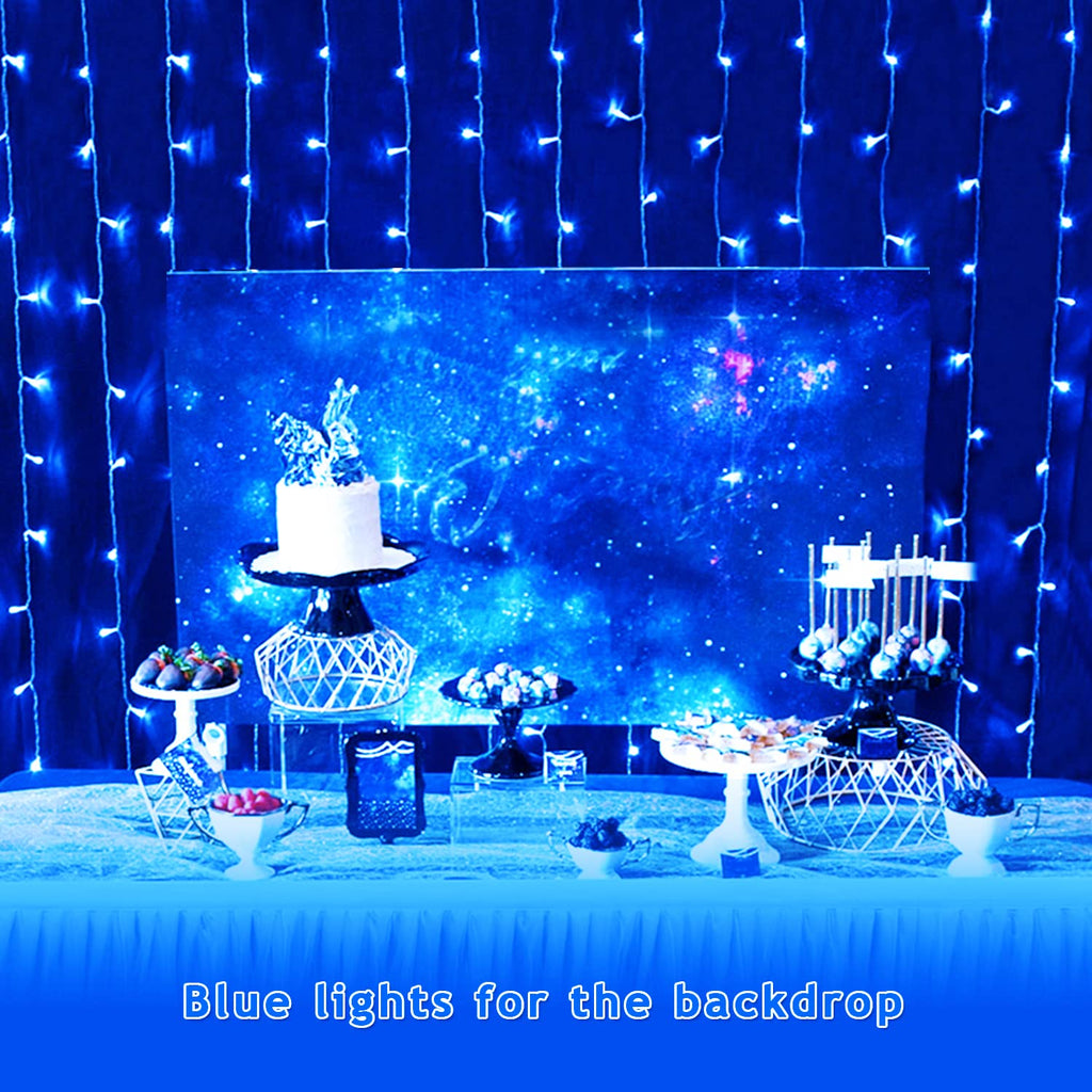 JMEXSUSS 300LED Blue Curtain Lights, Christmas Curtain Hanging Lights with Remote, Blue String Lights for Bedroom Wall Window Backdrop Garden Christmas Indoor Outdoor Decorations