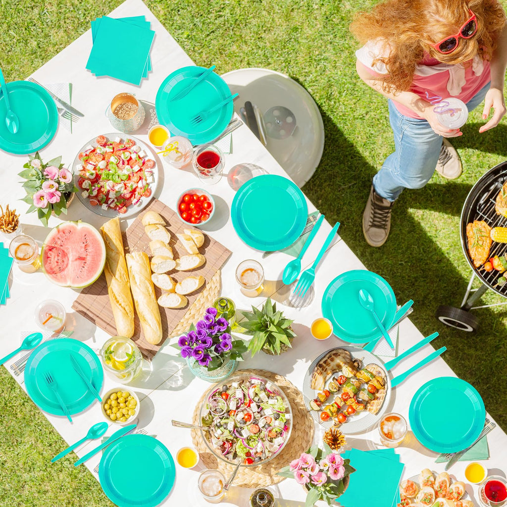 TWOWYHI 228PCS Teal Blue Party Supplies Set Include Paper Plates Cups Teal Blue Napkins Plastic Spoons Forks Knives for 30 Guests Disposable Party Dinnerware for Birthday Wedding Party Family Picnic