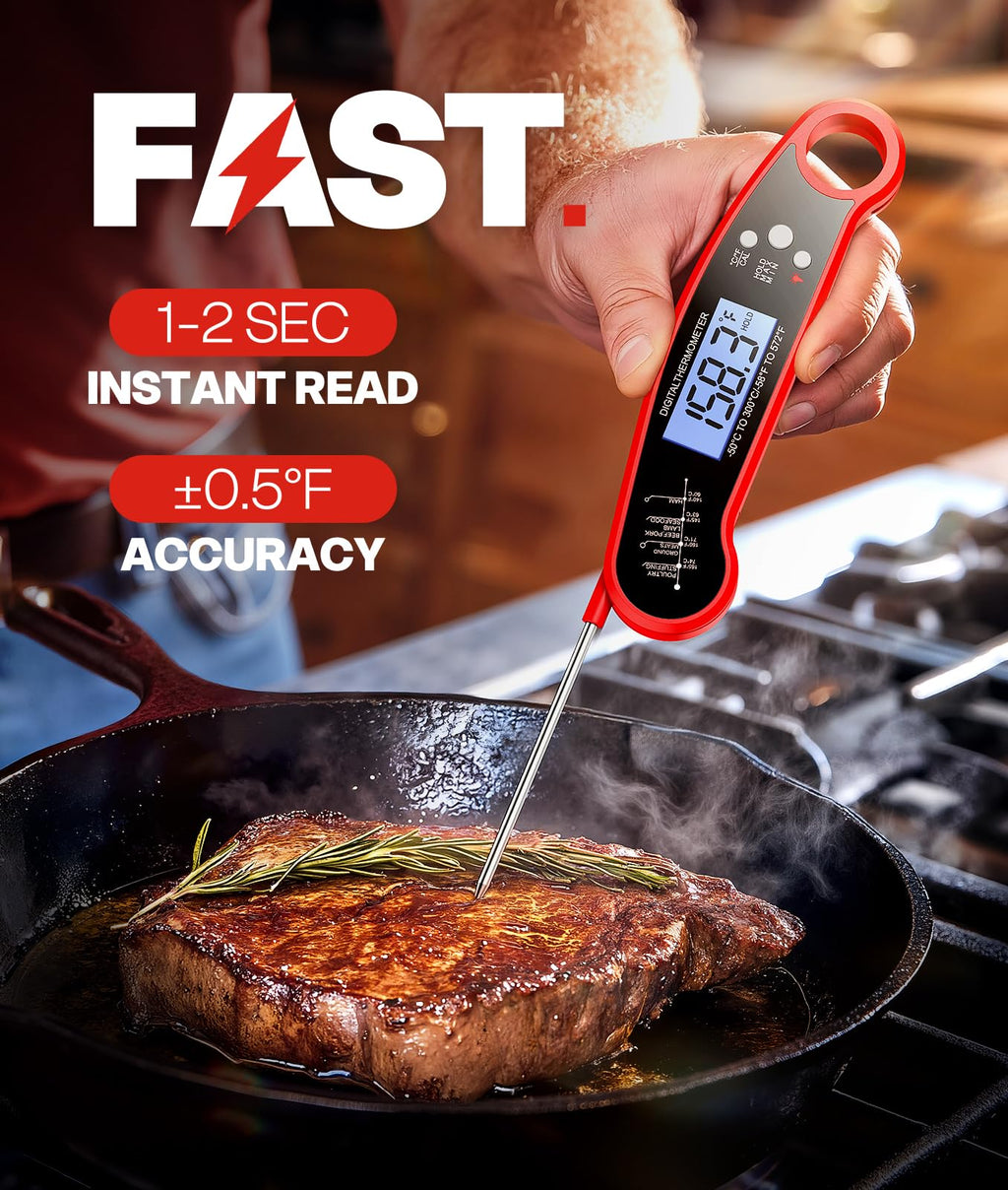 Meat Thermometer Digital – Instant Read Food Thermometer for Grilling, BBQ, Air Fryer, Smoker, Candy Making with Foldable Probe, Kitchen Gadgets, BBQ Essentials, Gift for Dad Men Husband Him, Red