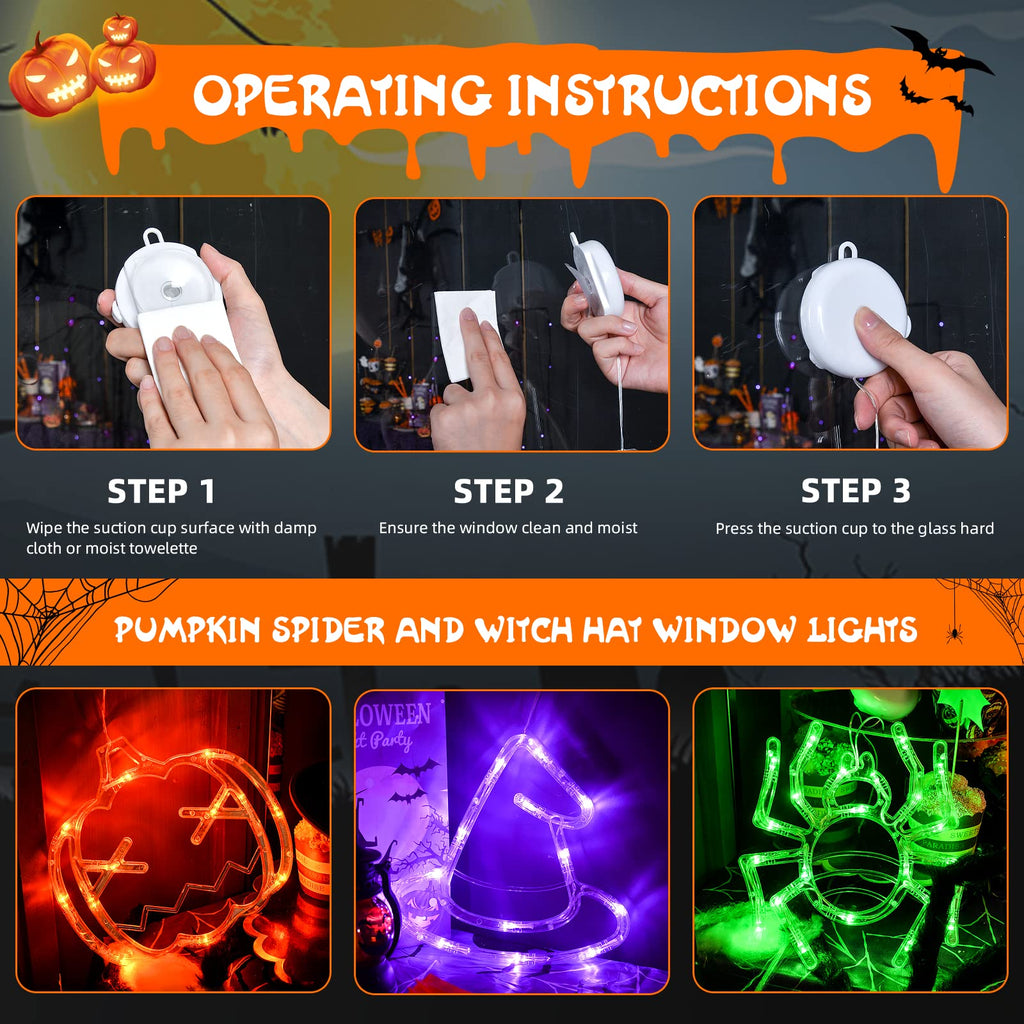 LOLStar Halloween Decorations 3 Pack Orange Pumpkin Green Spider Purple Witch Hat Halloween Window Lights with Suction Cup Battery Operated Halloween Lights, Upgrade Slow Fade Mode Timer Function