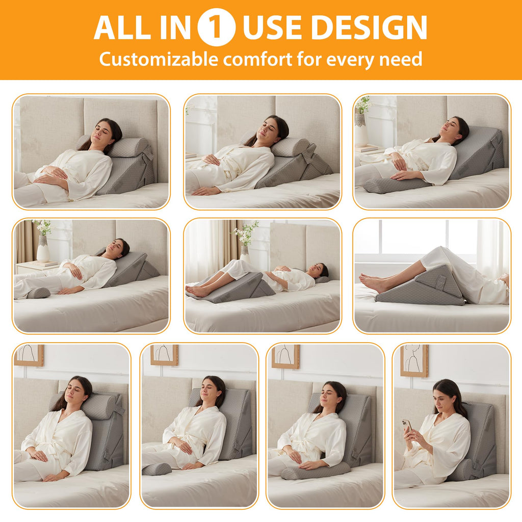 Ruqmuis 3PCS Wedge Pillow Set for After Surgery, Wedge Pillow Headboard, Adjustable 9&12 Inch Bed Pillow Wedge for Sleeping, Acid Reflux, Orthopedic Pillow Wedge for Back Pain Relief, Gerd, Grey