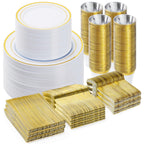 BESTVIP 600PCS Plastic Dinnerware Set (100 Guests), Gold Disposable Plates for Party, Wedding, Anniversary, Includes: Dinner Plates, Dessert Plates, Cups, Spoons, Forks and Knives