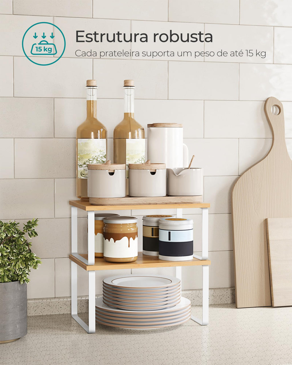 Cabinet Organizer Shelf, Set of 2 Kitchen Counter Shelves, Kitchen Storage, Spice Rack, Stackable, Expandable, Metal and Engineered Wood, 11.7 Inches, Cloud White and Natural Beige UKCS02NW