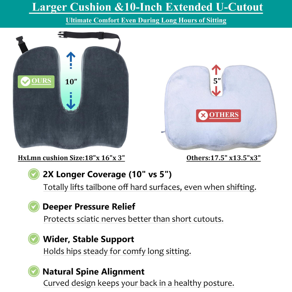 Tailbone Pain Relief Office Chair Cushion 10-Inch Extended U-Cutout,Large-18"x16"x3",Coccyx,Sciatica Pain Relief Memory Foam Wheelchair Car Seat Cushion,But Pillow Pad for Pressure Relief, Blue Grey