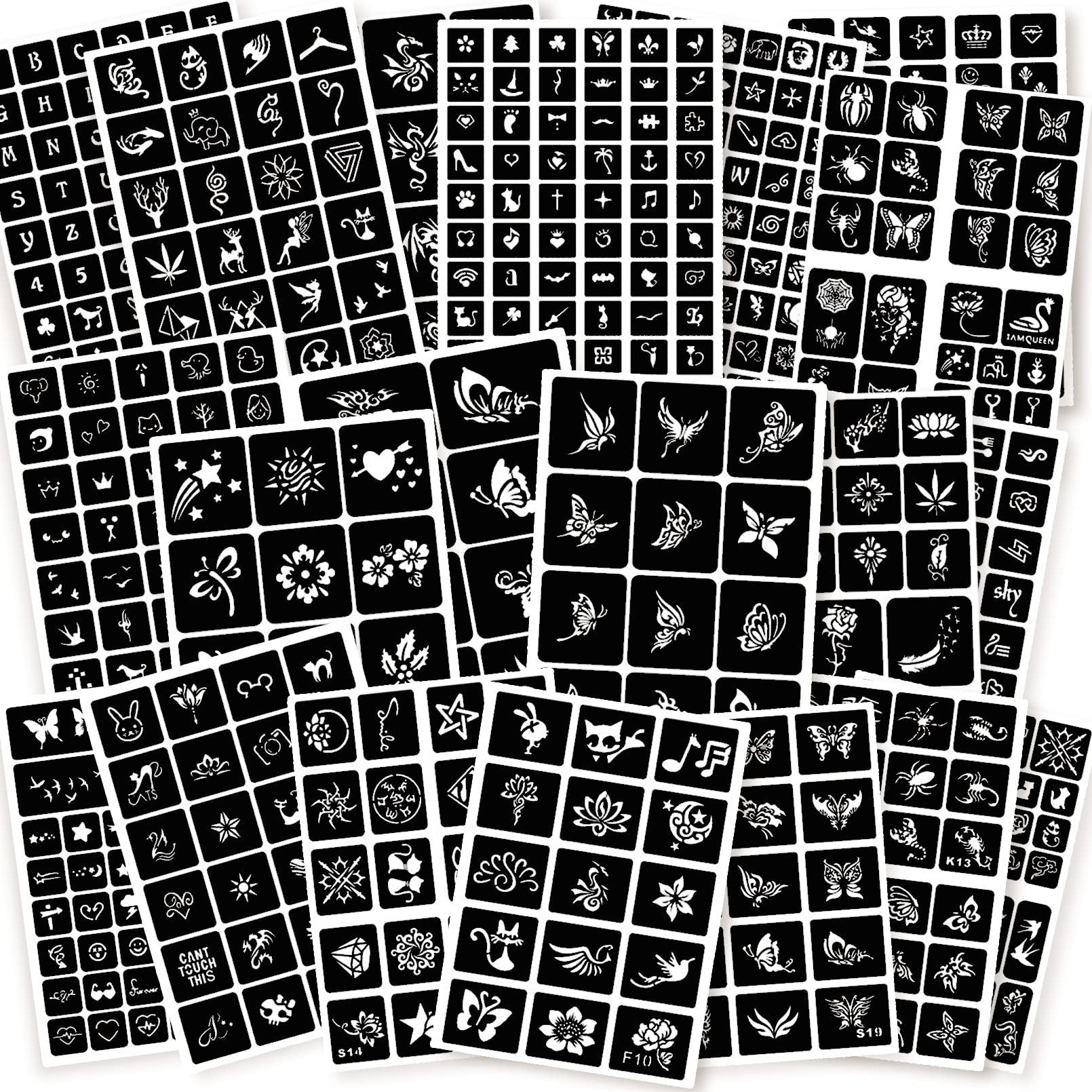 ChurlChurl 575pcs Temporary Tattoo Stencils, 20 Sheets Henna Tattoo Stencil Kit for Women Girls Kids and Boys Face Body Paint DIY Art Reusable Glitter Tattoo Stencils Pack