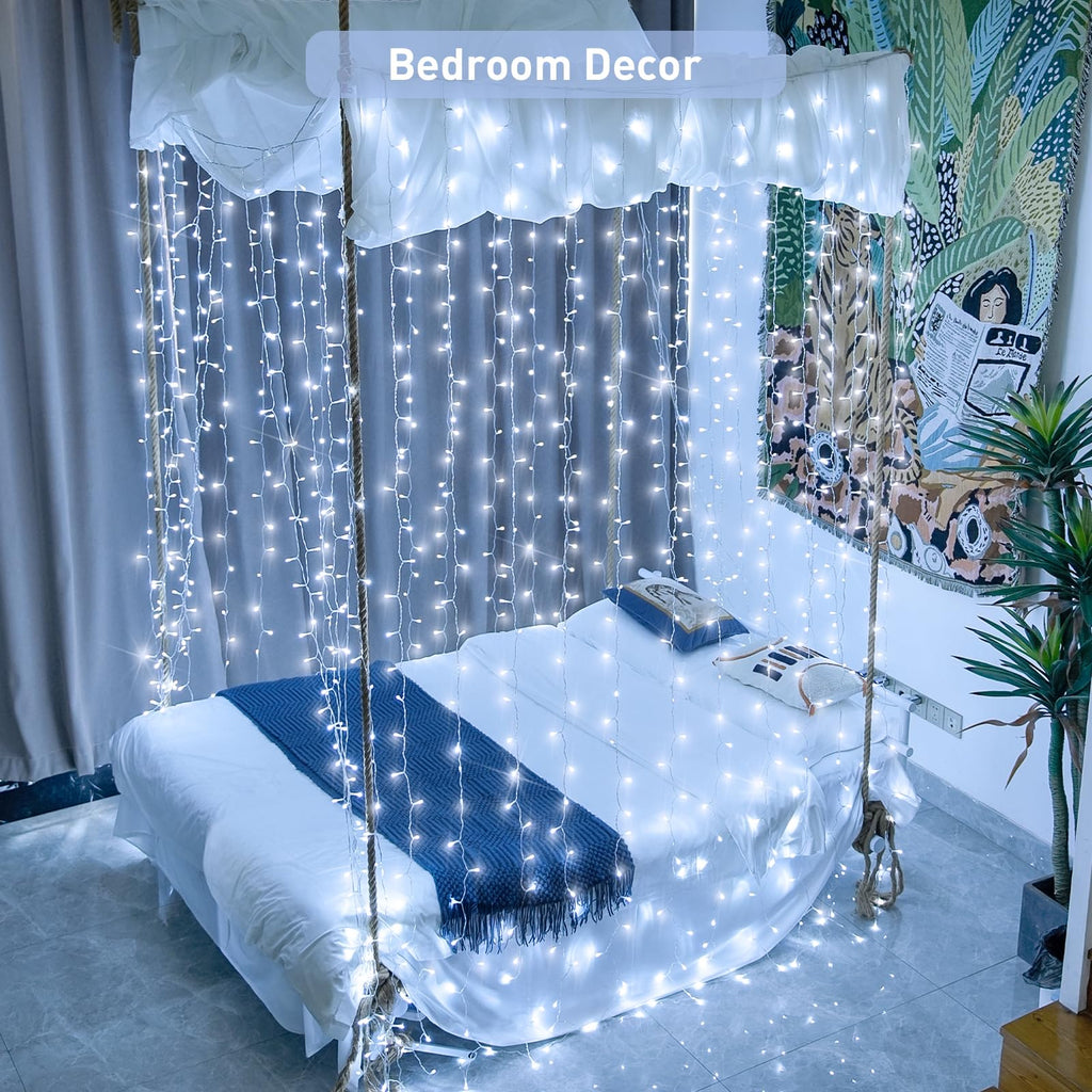 JMEXSUSS 300 LED 9.8x9.8Ft White Curtain Lights with Remote, White Christmas Lights Indoor Plug in, 8 Modes White String Lights for Bedroom Wall Wedding Reception Party Backdrop Window Decorations