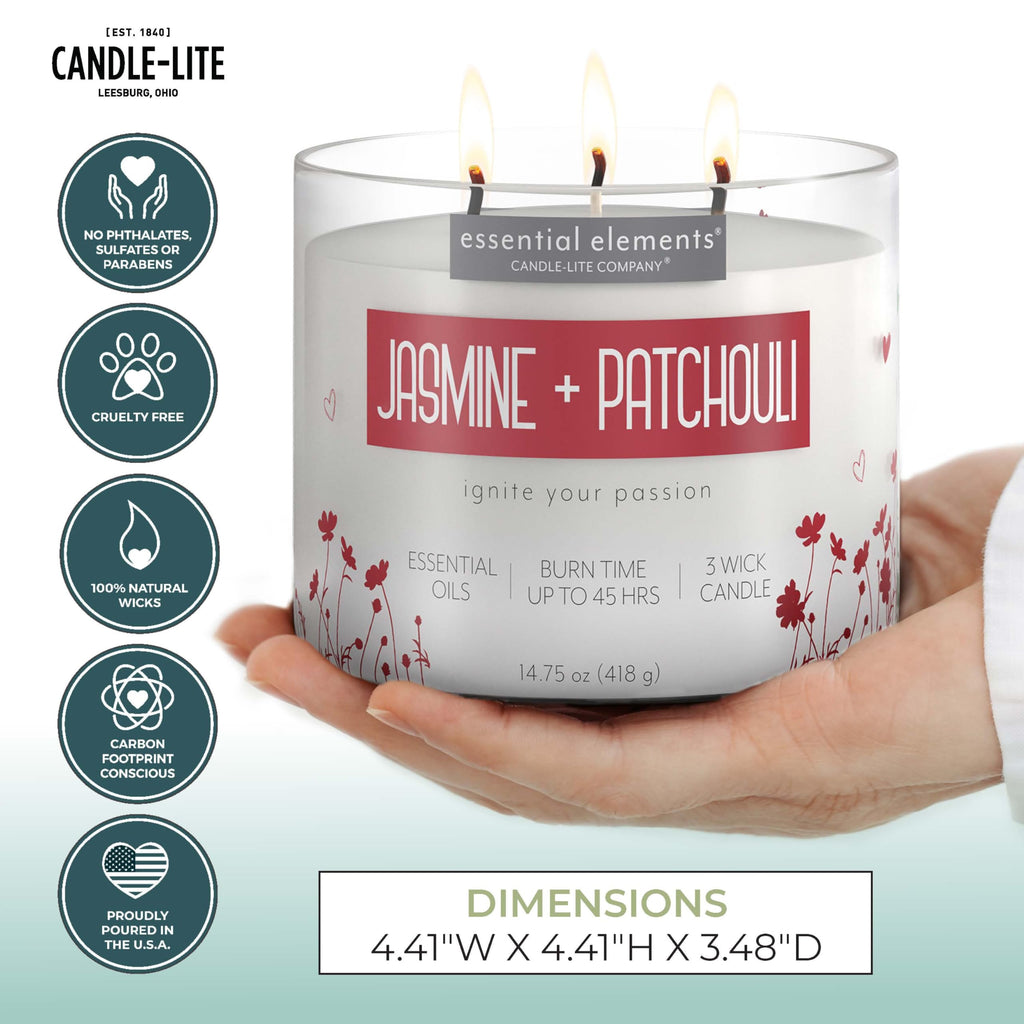 Essential Elements by Candle-lite Scented Candles, Jasmine & Patchouli Fragrance, One 14.75 oz. Three-Wick Aromatherapy Candle with 45 Hours of Burn Time, Off-White Color