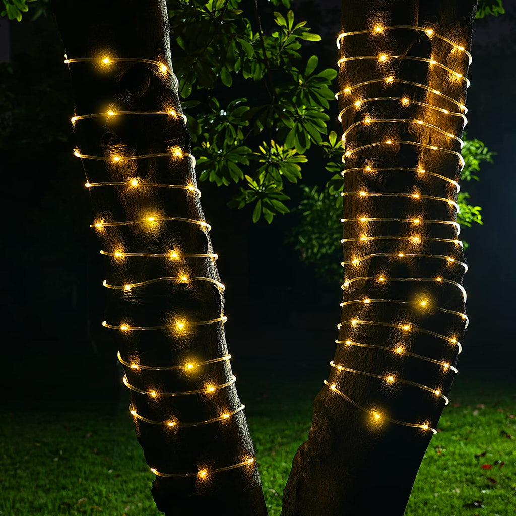ICRGB Solar Rope Lights Outdoor, 66FT 200 LED Christmas Lights with Remote, Outdoor IP67 Waterproof 8 Modes Garden String Lights Decorative for Wedding Christmas Halloween Patio Porch Pool, Warm White
