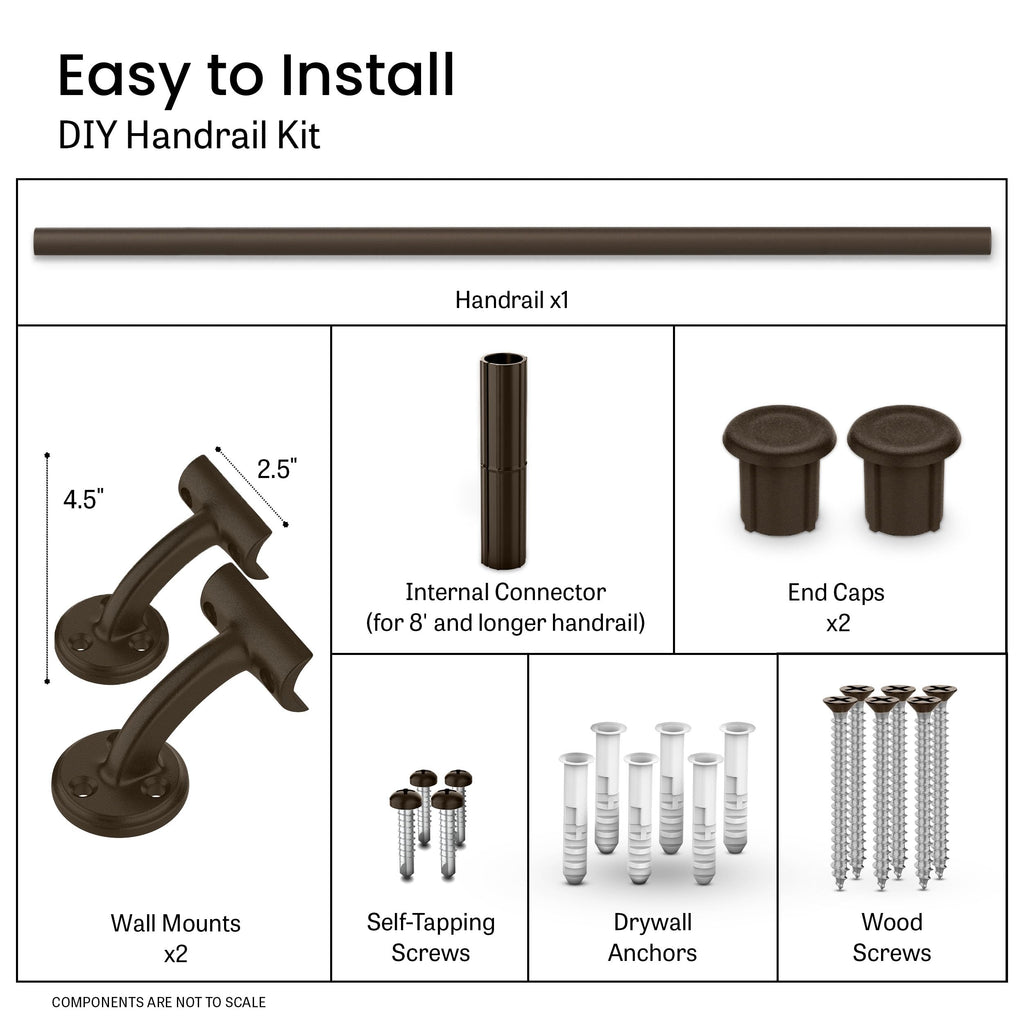Meranti Aluminum Handrail for Indoor or Outdoor Steps and Stairs – Hand Rails for Elderly – DIY Complete Stair Railing Kit (7' Length, Bronze Textured)