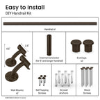 Meranti Aluminum Handrail for Indoor or Outdoor Steps and Stairs – Hand Rails for Elderly – DIY Complete Stair Railing Kit (6' Length, Bronze Textured)