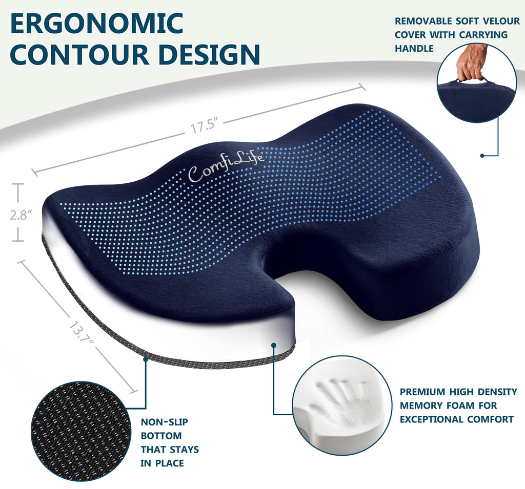 ComfiLife Premium Comfort Seat Cushion - Non-Slip Orthopedic 100% Memory Foam Coccyx Cushion for Tailbone Pain - Cushion for Office Chair Car Seat - Back Pain & Sciatica Relief (Navy)