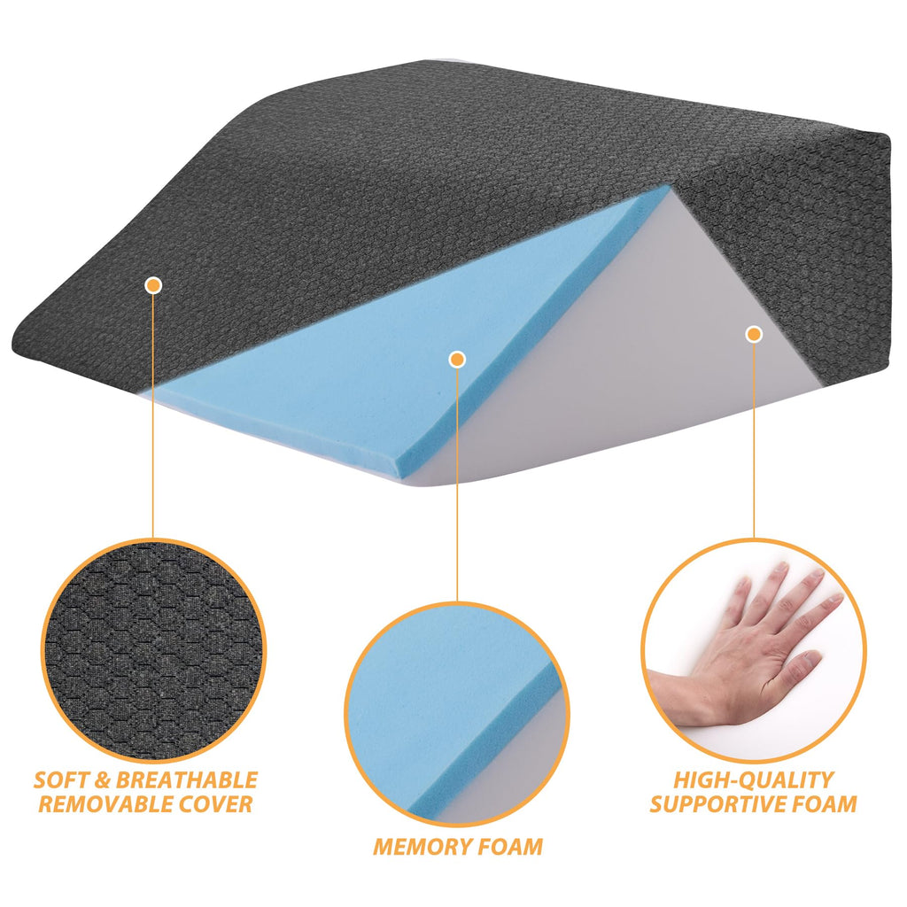 Bedluxe Leg Elevation Pillows, Leg Pillows for Sleeping, Cooling Gel Memory Foam Top, Wedge Pillow for Legs, Leg Wedges for Circulation, Swelling, After Surgery - Removable Cover (8 Inch, Black)