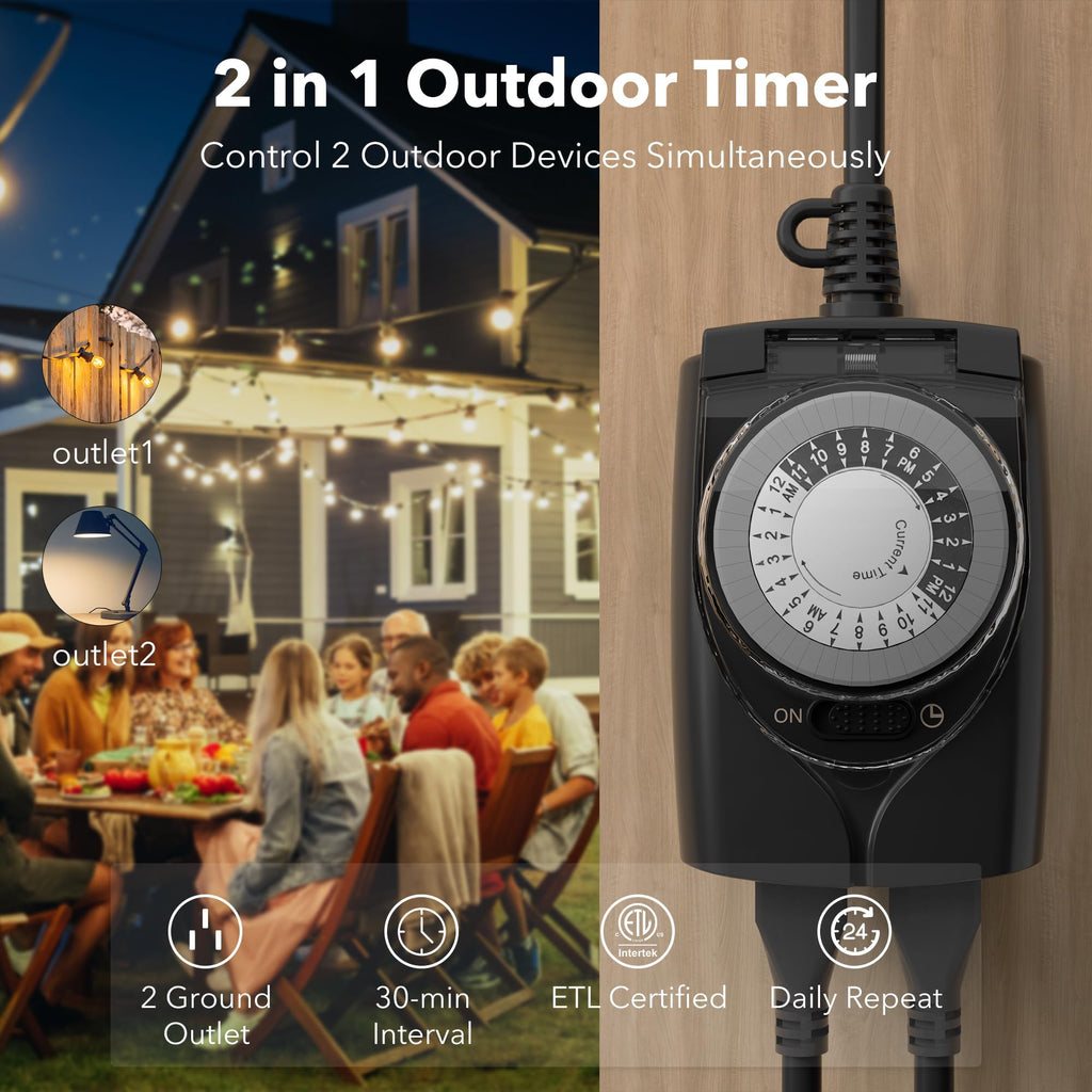 HBN Outdoor Timer Outlet Waterproof, 24 Hour Mechanical Light Timers for Electrical Outlets Outdoor Weatherproof, 2 Grounded Outlets for Christmas Lights, Pool Pump, 15A 1/2HP